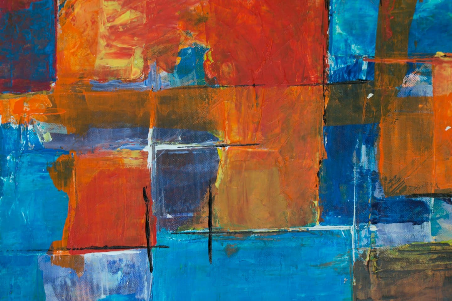 Abstract schilderij met een getextureerd raster van blauw, oranje en rood.